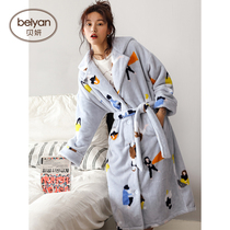 Beyyeon Pyjamas Woman Autumn Winter Coral Suede Sleeping Robe Cute Cartoon Teenage Girl Long Style Sleeping Dress Warm Flannel Sleeping Robe