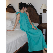 Three Tailors Midsummer Dinner French Holiday Style Sleeveless Halter Neck Dress Womens Solid Color Off-shoulder Loose Long Dress