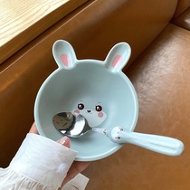  Korean cute cartoon rabbit small bowl Childrens rice bowl snack bowl Fruit salad ceramic bowl with spoon bowl