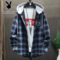 Playboy hooded shirt men long sleeve 2021 spring autumn grinding Plaid inch shirt casual shirt cardigan jacket