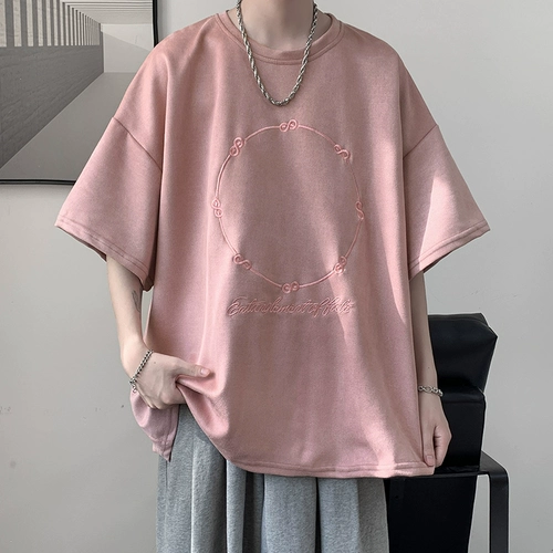 Коралловая летняя бархатная футболка для влюбленных, с вышивкой, короткий рукав, в американском стиле