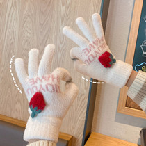 ins winter strawberry touch screen gloves Korean version warm cold riding cute girl plush knitted five finger gloves