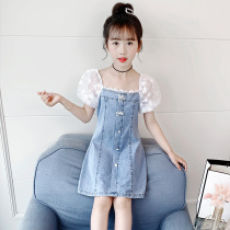  Girls lace denim skirt summer 2021 new Western style childrens light dress female middle child princess skirt tide