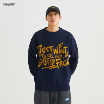 Macedar autumn and winter Korean trend solid color letter round neck sweater men loose casual padded sweater