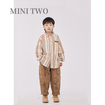 MT original childrens clothing Japanese boy khaki vertical striped long-sleeved shirt childrens spring and autumn handsome shirt jacket