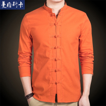 Autumn mens Tang suit Chinese style mens retro buckle stand collar Hanfu business Chinese long sleeve shirt Zhongshan suit
