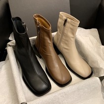ITSK Martin boots female 2021 New thick heel stretch boots square head Joker high heel thin boots Spring and autumn single boots