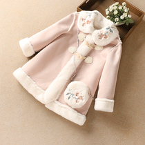 Girls coat autumn and winter medium and large childrens clothing foreign atmosphere plus velvet leather wool thick woolen cloth coat