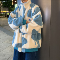 Lamb cotton jacket mens winter plus velvet thickened Korean trend cotton coat autumn and winter ins Hong Kong wind loose cotton jacket