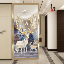  New Chinese style elk painted art glass screen partition background wall wine cabinet frosted translucent double-sided entrance