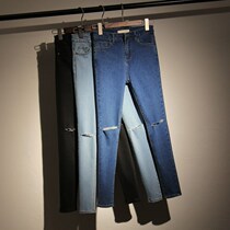 Hong Kong new high waist knee hole jeans womens trousers thin tight stretch small feet pencil pants spring and summer