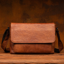  Hand-rubbed leather shoulder bag Vegetable tanned leather messenger bag casual mens postman bag retro first layer cowhide mens bag