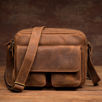 New small mens bag Crazy Horse leather Japanese word messenger bag leather retro business leisure shoulder bag cowhide shoulder bag
