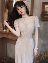 Iris) toast dress 2021 new fishtail light wedding dress light luxury niche banquet temperament host evening dress