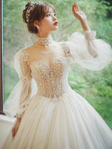 twilight girl) long-sleeved main wedding dress 2021 new bride French court drag cotton simple gauze