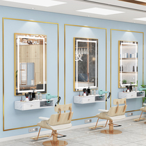 Barber shop mirror hair salon dedicated one cabinet marble wall mirror LED light Net red hair with light single mirror