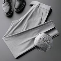 Ice silk casual pants mens summer thin embroidery stretch all-match business nine-point trousers gray slim-fitting small feet pants