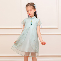 Girls dress Chinese style embroidery Hanfu mesh stitching Tang dress summer childrens cheongsam skirt ethnic clothing