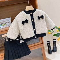 Small and medium childrens clothing 2021 Winter new girl cute three-dimensional bow plus cotton thick Teddy fluff coat