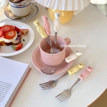 ins Cute ceramic bear coffee spoon Girl heart cartoon dessert fork spoon set tableware