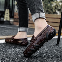 Bean shoes mens leather crocodile pattern summer 2021 New Korean soft bottom breathable casual leather shoes lazy one pedal