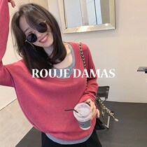 French rouje damas pink knit undershirt female spring design sensation lazy and thin long sleeve T-shirt two-piece set