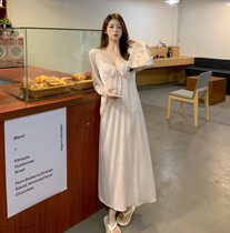 Big code French style palace wind pyjamas V necklace butterfly knot ankle length dress fairy fat mm thin and long sleeve sleeping dress