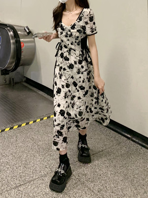taobao agent Dress, summer fitted brace, long skirt, plus size, french style, square neckline, floral print, flowered