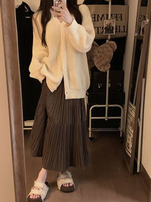 taobao agent Knitted sweater, autumn cardigan, velvet pleated skirt, set, plus size, high waist