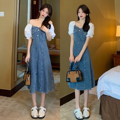 taobao agent Retro summer denim dress, brace, long skirt, plus size, puff sleeves, V-neckline, A-line