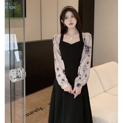 taobao agent Large -size hanging neck print dress female autumn temperament lady high -end feel fat mm cover meat Hepburn style black skirt
