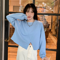 Large size womens fat mm loose lazy wind long sleeve sweater womens spring and autumn design sense minority split short coat tide