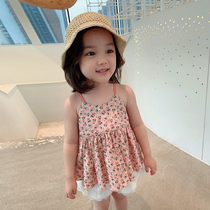 Chen Chen Mother girl clothing Summer female baby Oil painting floral doll shirt sleeveless vest Children halter small suspenders