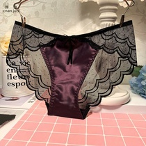  European and American summer sexy high-end satin seamless mesh lace womens underwear triangle low waist cotton file