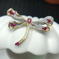 Autumn new fashion brooch 925 sterling silver inlay natural pigeon blood red gemstone corsage sweater chain Dragonfly