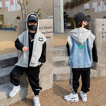 Boy Waistcoat 2022 Spring Dress New CUHK Child Splicing Denim Vest Children Jacket Foreign Air Korean Version Coat Tide