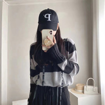 Striped ribbon knit sweater womens early autumn new design sense niche pullover round neck sweater lazy wind long sleeve top