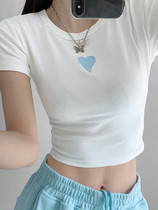 Summer new girl love embroidery round neck T-shirt Slim short sleeves Joker slim slim short sleeves high waist top