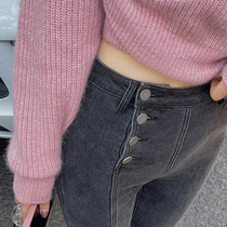 ACHI big Yechi Gray high waist plus velvet slim jeans women bottomed small foot pants autumn and winter cotton pencil trousers