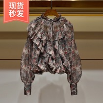  Navi Zhuo ya 2021 autumn new bow ruffle lantern sleeve chiffon shirt womens retro thin floral top