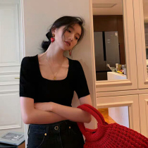 Square collar short-sleeved T-shirt womens summer new mind repair tight sexy ice silk knitted bottoming shirt u-neck exposed clavicle top