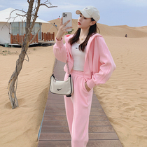 Pink casual sports set female spring and autumn 2021 new small man Hong Kong style retro chic Net red pants two-piece set