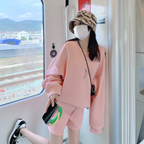 Pink sweater casual shorts set women autumn 2021 New Hong Kong style retro chic top sports two-piece set