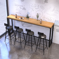 Solid wood long bar table Commercial milk tea shop wall bar table Wrought iron household retro high-legged table and chair combination
