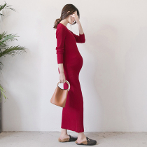 Pregnant women dress autumn Western style long hot mom autumn and winter slim base sweater temperament slim knitted long skirt