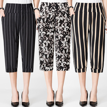 Mom ice silk three-point pants womens summer thin large size elastic waist casual loose pants for the elderly cool flower pants