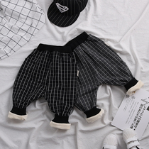 Childrens vertical cotton pants winter New Small Children Baby plus velvet Haren pants men and women baby Plaid big pp pants