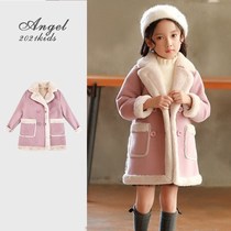 Korean woolen girl coat 2021 Winter new medium-size child plus velvet mink hair Korean coat childrens coat
