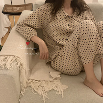 ins Wind ~ pearl milk tea pajamas female spring and autumn loose wave dot printing lazy cardigan