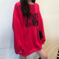 Large size red Wei women fall winter 2021 new loose Korean version of lazy wind bf round neck thin coat tide brand